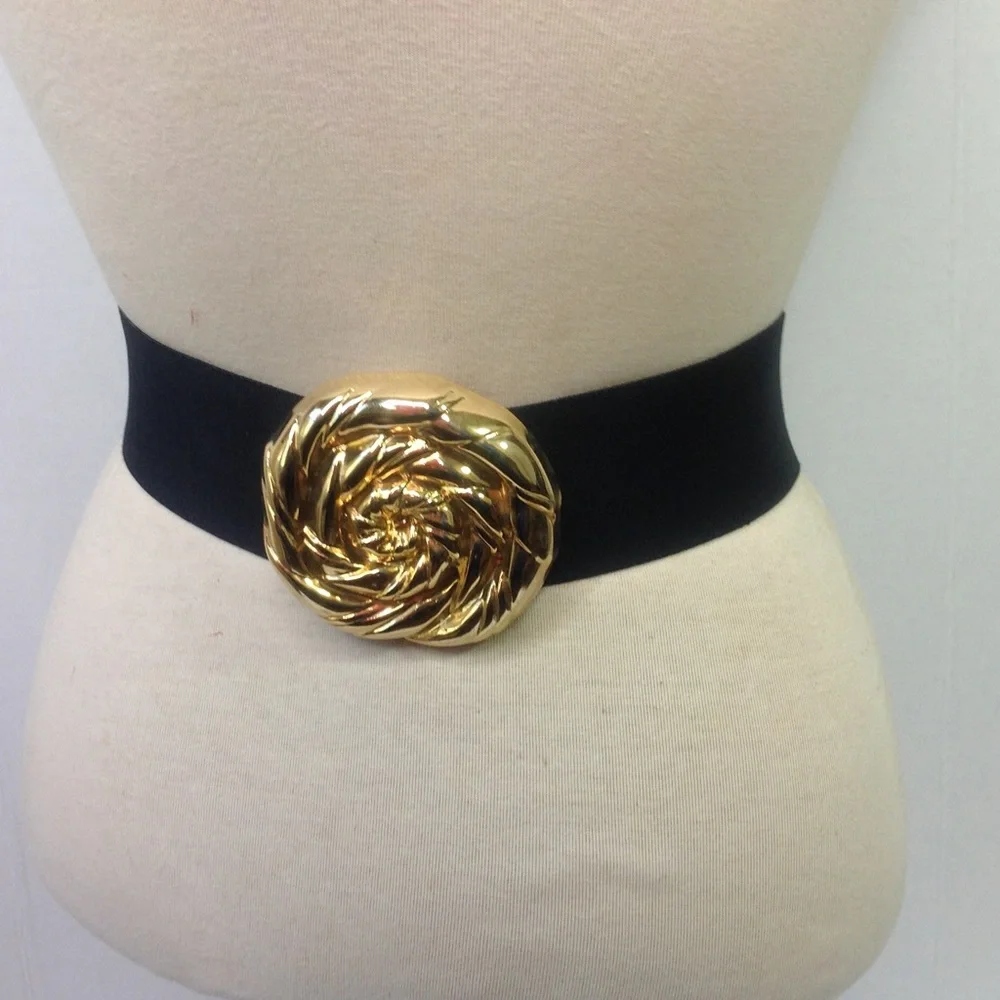 Vintage Black Belt Gold Pinwheel Buckle Belt